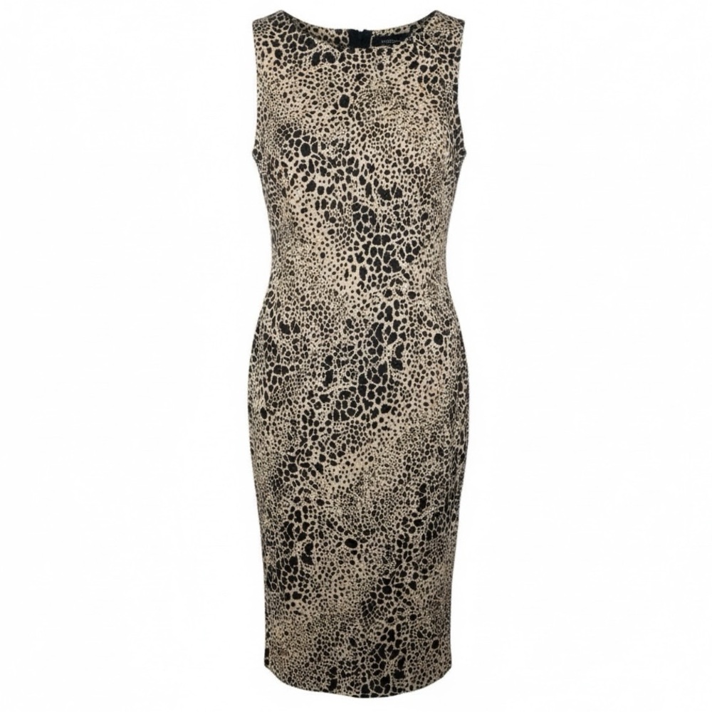 Adrianna Pappel 100% Silk Black and Champagne Print Beaded Dress Size 8 Delicate